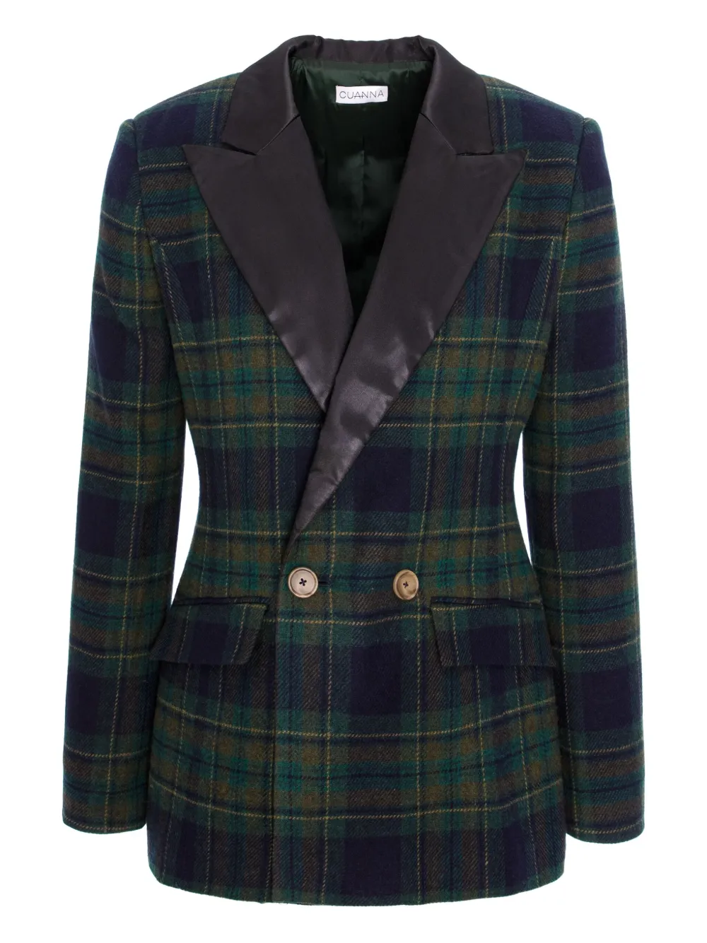 Cuanna Midi Double-breasted Plaid-pattern Blazer In Black