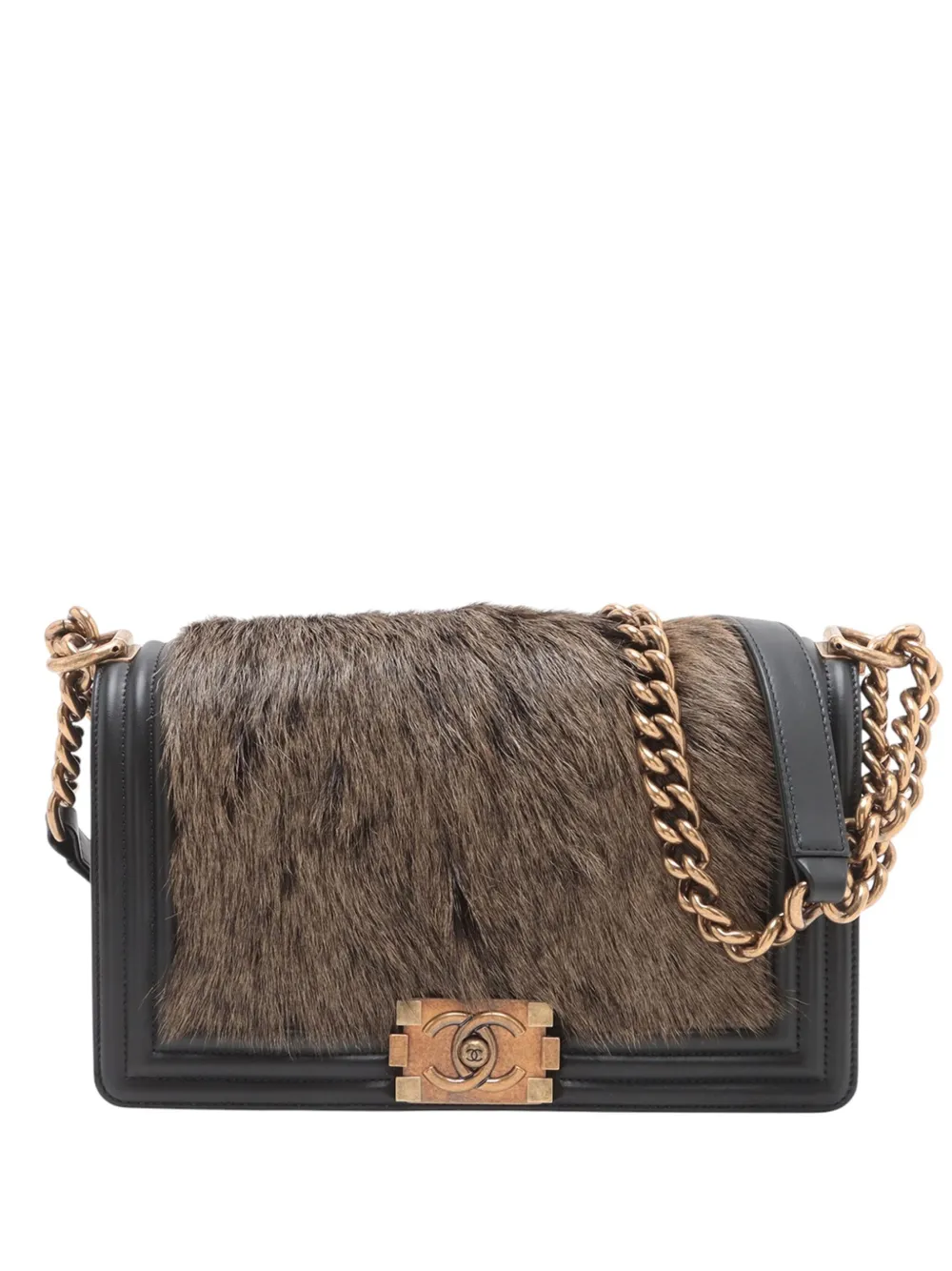 Pre-owned Chanel 2019 Old Medium Fur Boy Flap Crossbody Bag In Brown
