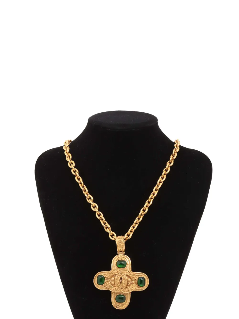 Pre-owned Chanel 1994 Cc Gold Plated Gripoix Cross Pendant Necklace Costume Necklace