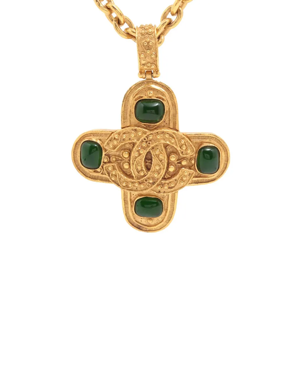 Pre-owned Chanel 1994 Cc Gold Plated Gripoix Cross Pendant Necklace Costume Necklace