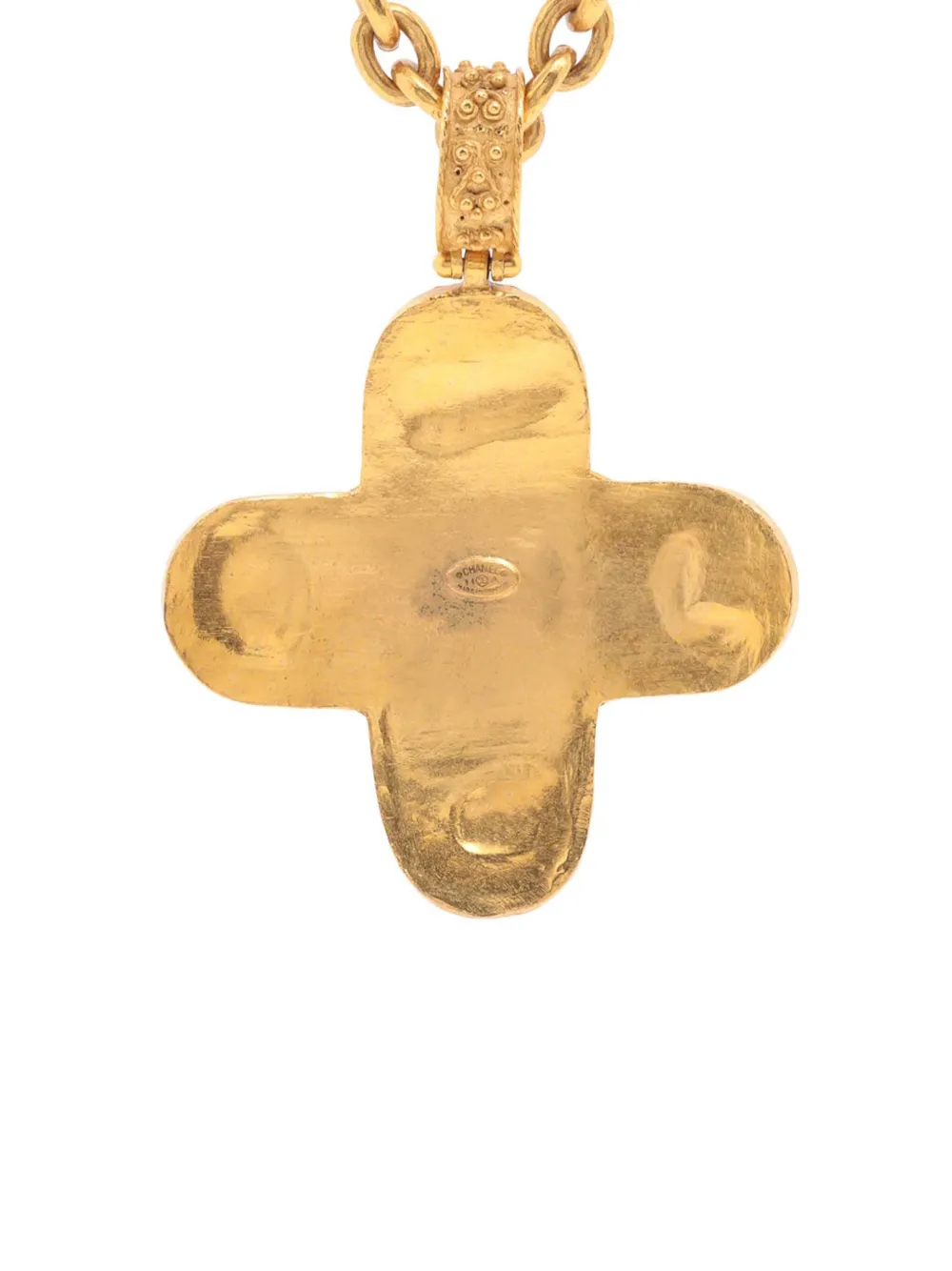 Pre-owned Chanel 1994 Cc Gold Plated Gripoix Cross Pendant Necklace Costume Necklace