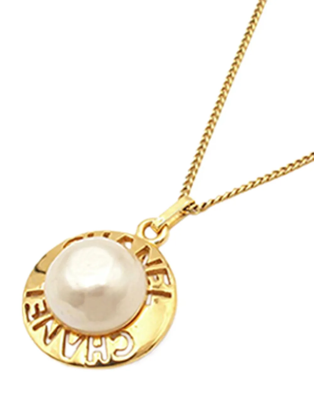 Pre-owned Chanel 1970-1980 Gold Plated Faux Pearl Pendant Necklace Costume Necklace