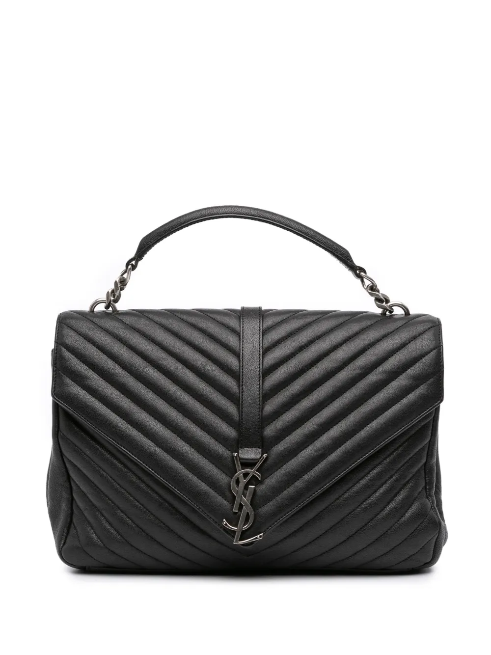 Pre-owned Saint Laurent 2015 Large Chevron Sheepskin Monogram College Satchel In Black