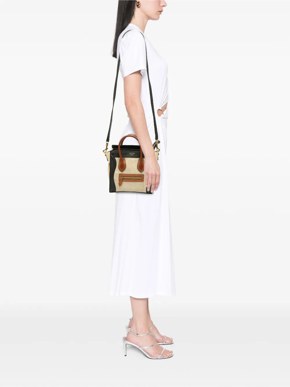 Pre-owned Celine 2010 Nano Tricolor Canvas And Leather Luggage Tote Satchel In Brown