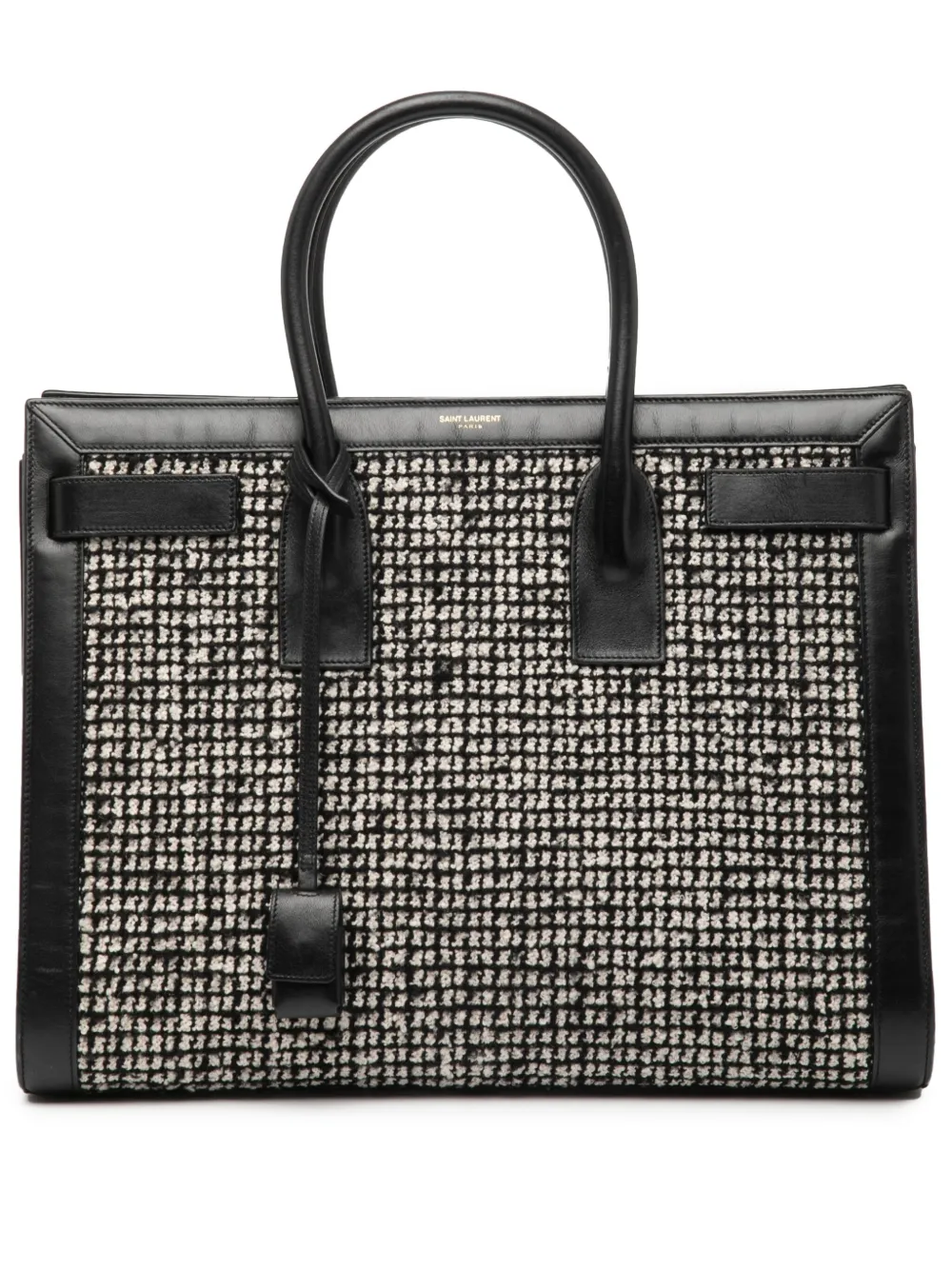 Pre-owned Saint Laurent 2014 Small Tweed Houndstooth Sac De Jour Satchel In Black