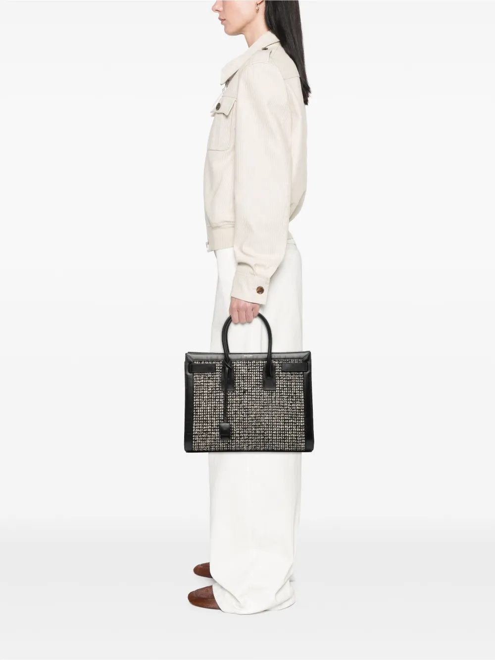 Pre-owned Saint Laurent 2014 Small Tweed Houndstooth Sac De Jour Satchel In Black