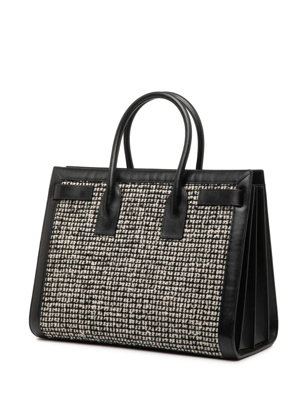 Pre-owned Saint Laurent 2014 Small Tweed Houndstooth Sac De Jour Satchel In Black