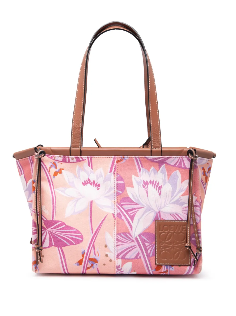 Pre-owned Loewe 2010-2025 Paulas Ibiza Small Canvas Waterlily Print Cushion Tote Bag In Pink