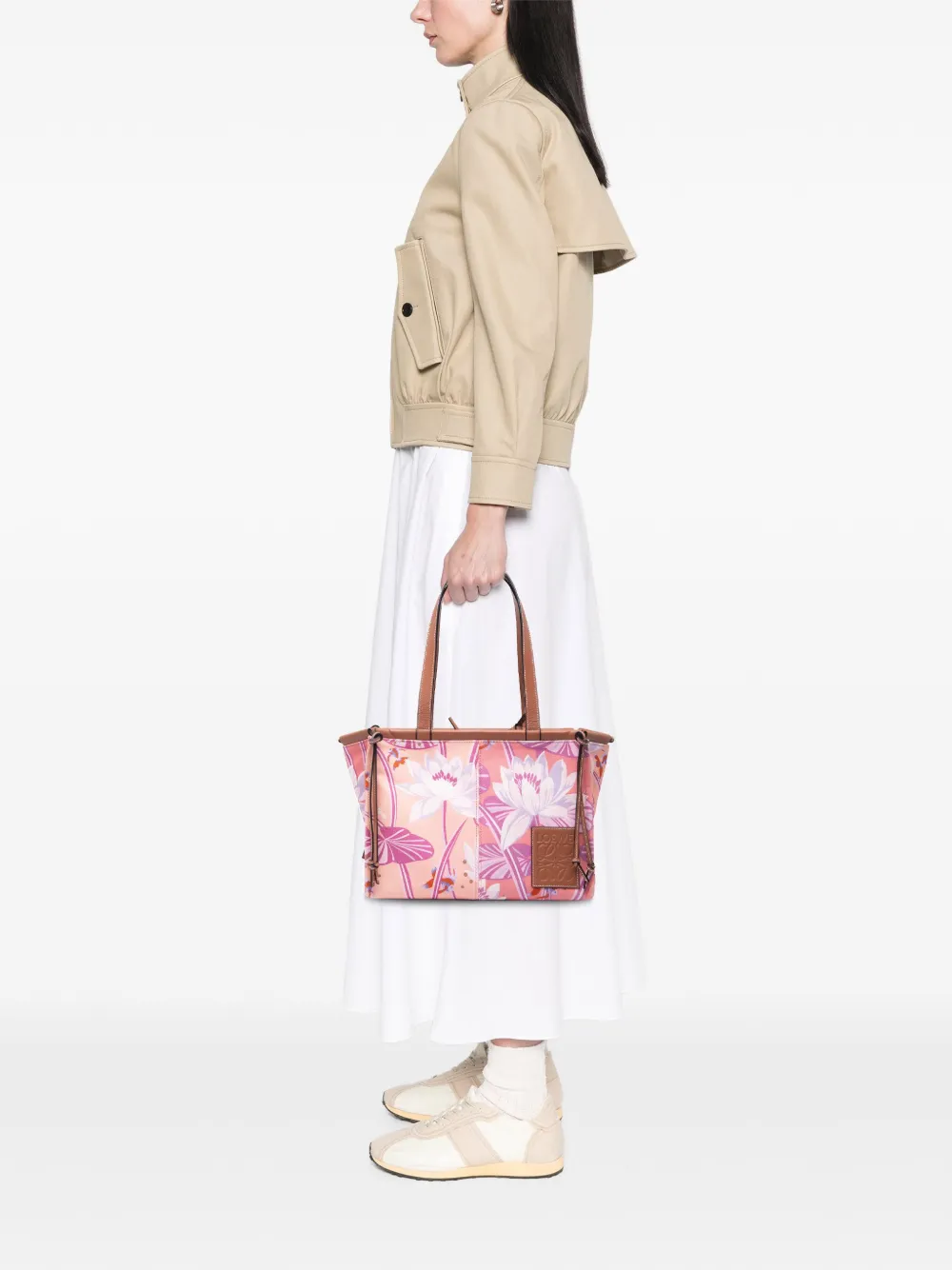 Pre-owned Loewe 2010-2025 Paulas Ibiza Small Canvas Waterlily Print Cushion Tote Bag In Pink