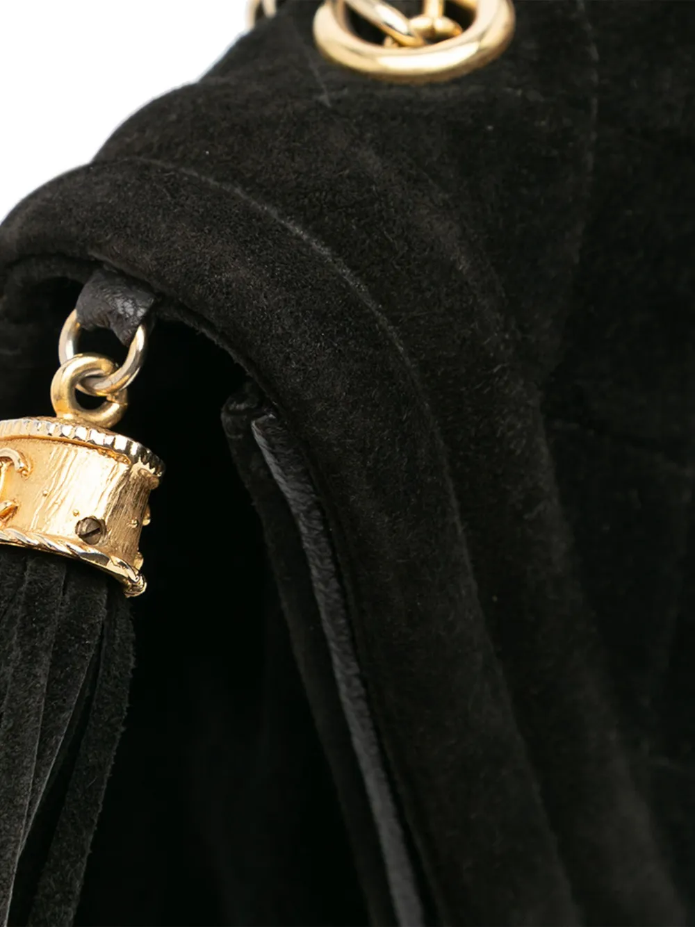 Pre-owned Chanel 1989-1991 Quilted Suede Tassel Flap Crossbody Bag In Black