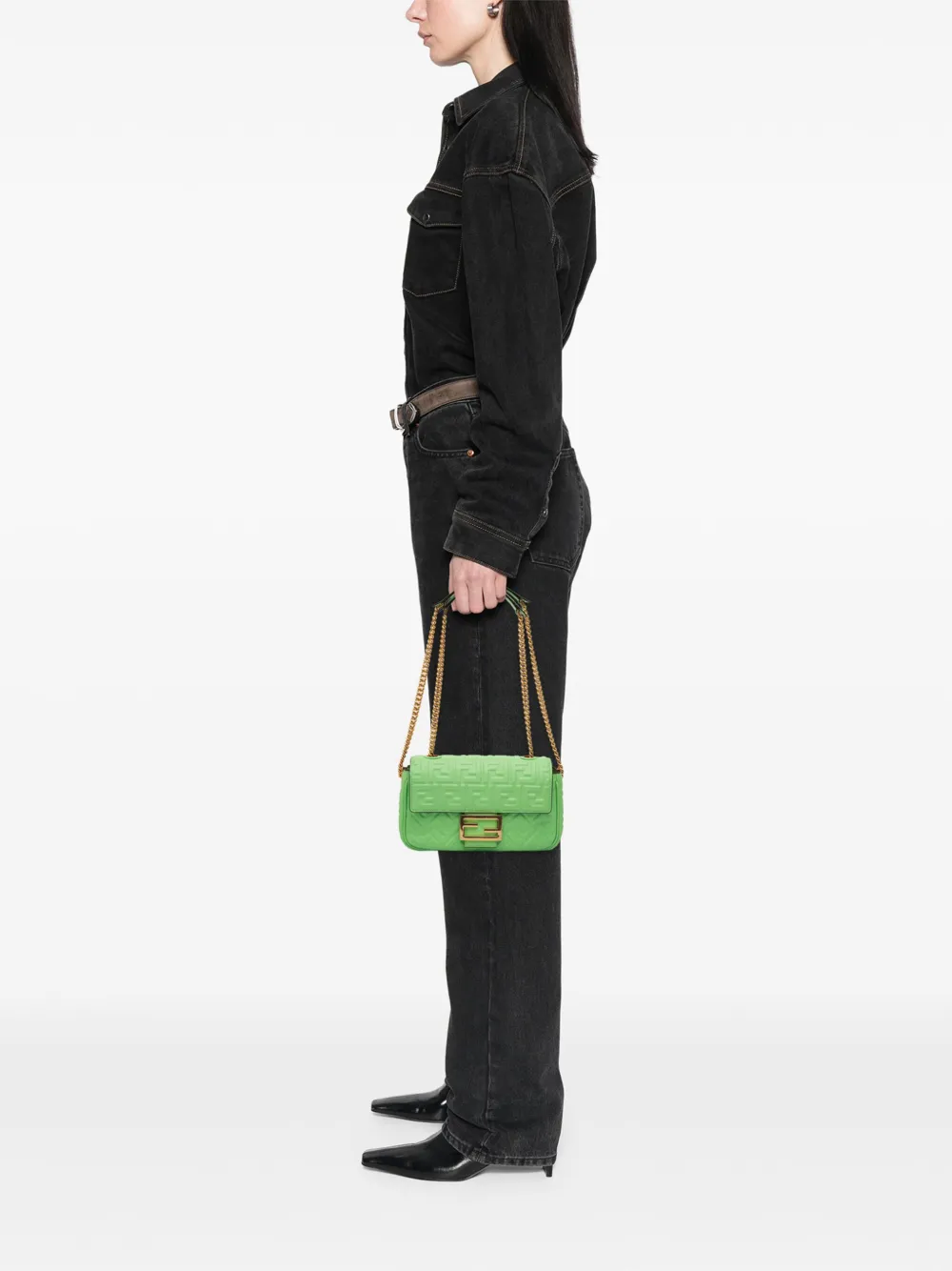 Pre-owned Fendi 2010-2025 Small Ff Nappa Embossed Chain Midi Baguette Shoulder Bag In Green