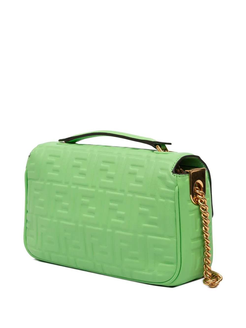Pre-owned Fendi 2010-2025 Small Ff Nappa Embossed Chain Midi Baguette Shoulder Bag In Green