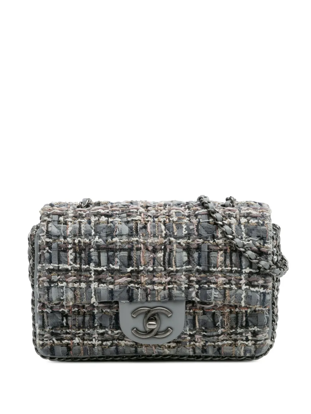 Pre-owned Chanel 2020 Mini Quilted Tweed River Of Pearls Flap Shoulder Bag In Gray