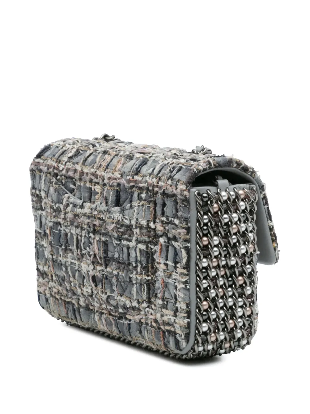 Pre-owned Chanel 2020 Mini Quilted Tweed River Of Pearls Flap Shoulder Bag In Gray