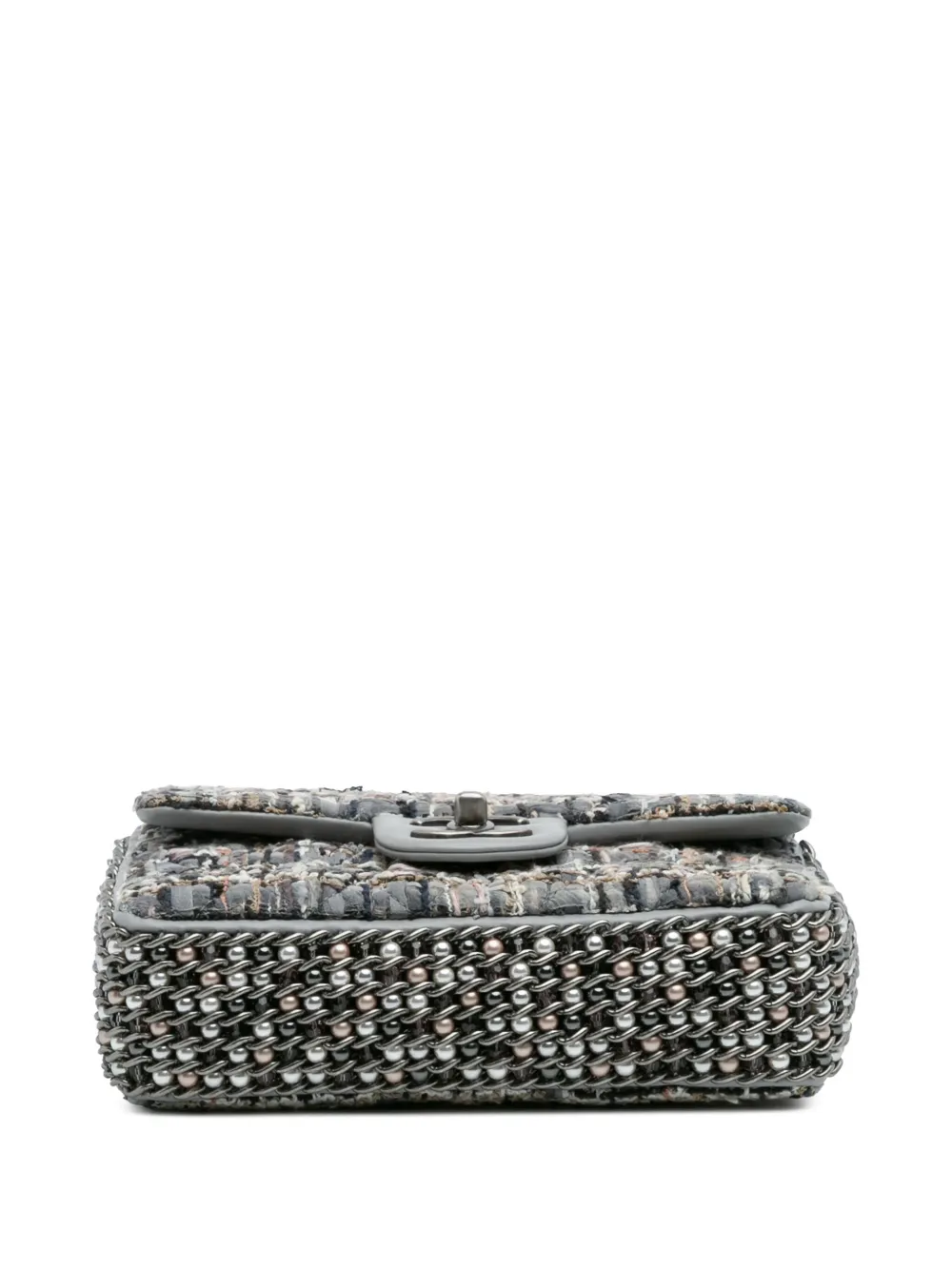 Pre-owned Chanel 2020 Mini Quilted Tweed River Of Pearls Flap Shoulder Bag In Gray