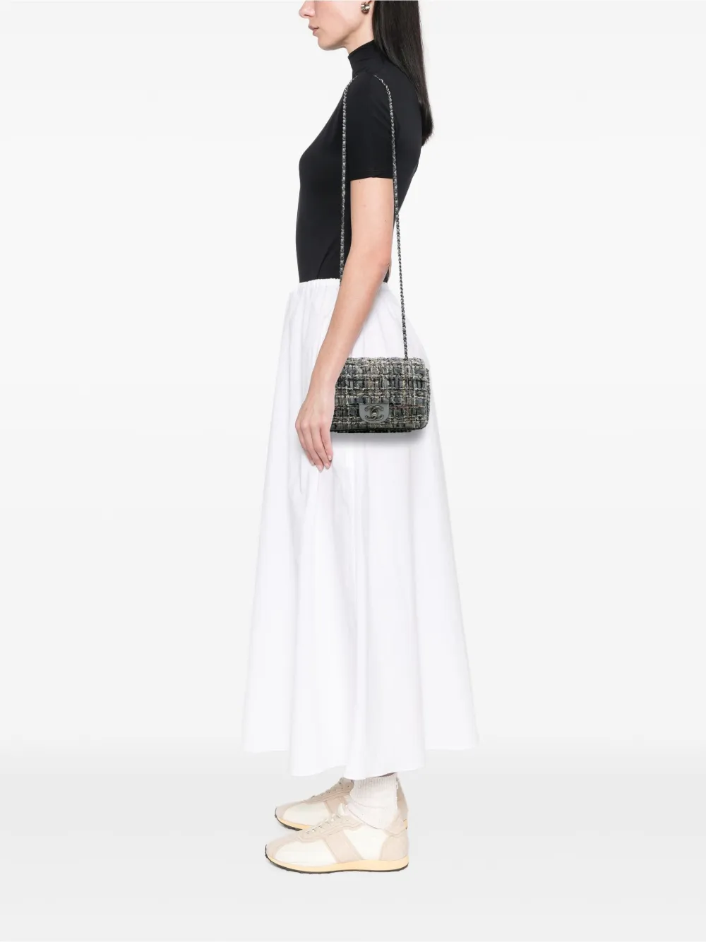 Pre-owned Chanel 2020 Mini Quilted Tweed River Of Pearls Flap Shoulder Bag In Gray