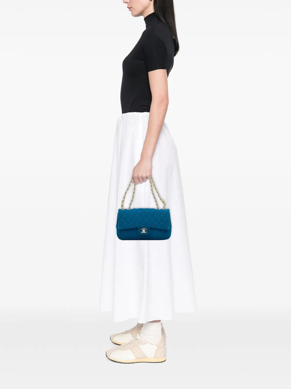 Pre-owned Chanel 2009-2010 Medium Quilted Perforated Jersey Single Flap Shoulder Bag In Blue