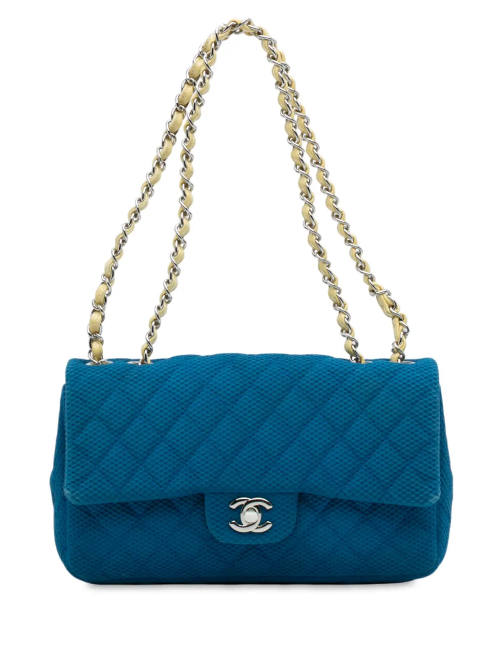 Pre-owned Chanel 2009-2010 Medium Quilted Perforated Jersey Single Flap Shoulder Bag In Blue