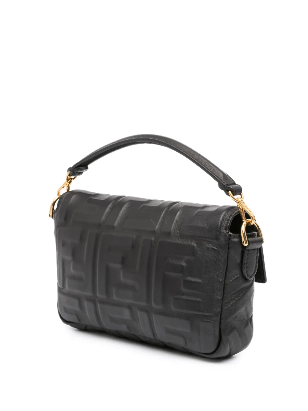 Pre-owned Fendi 2010-2025 Mini Zucca Embossed Leather Baguette Satchel In Black