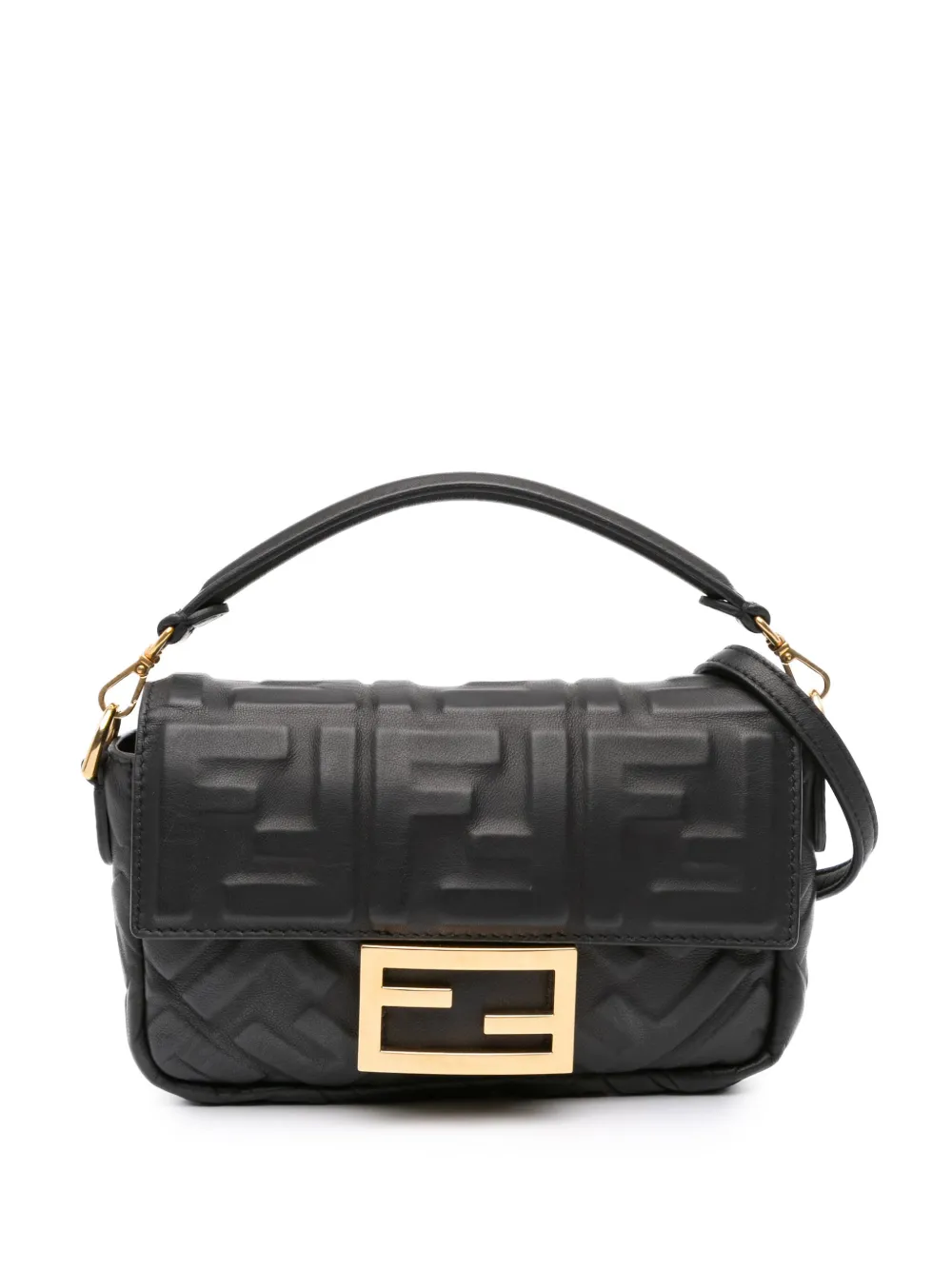 Pre-owned Fendi 2010-2025 Mini Zucca Embossed Leather Baguette Satchel In Black