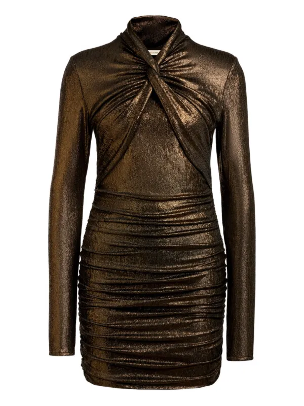 brown ruched mini dress Brown Ruched Mini Dress with Bead Detail