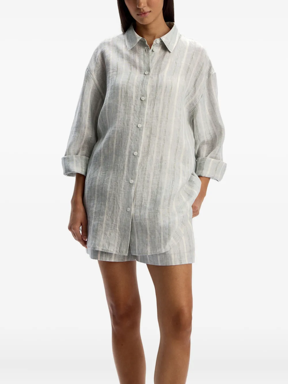 12 Storeez Striped Linen Shorts In Gray