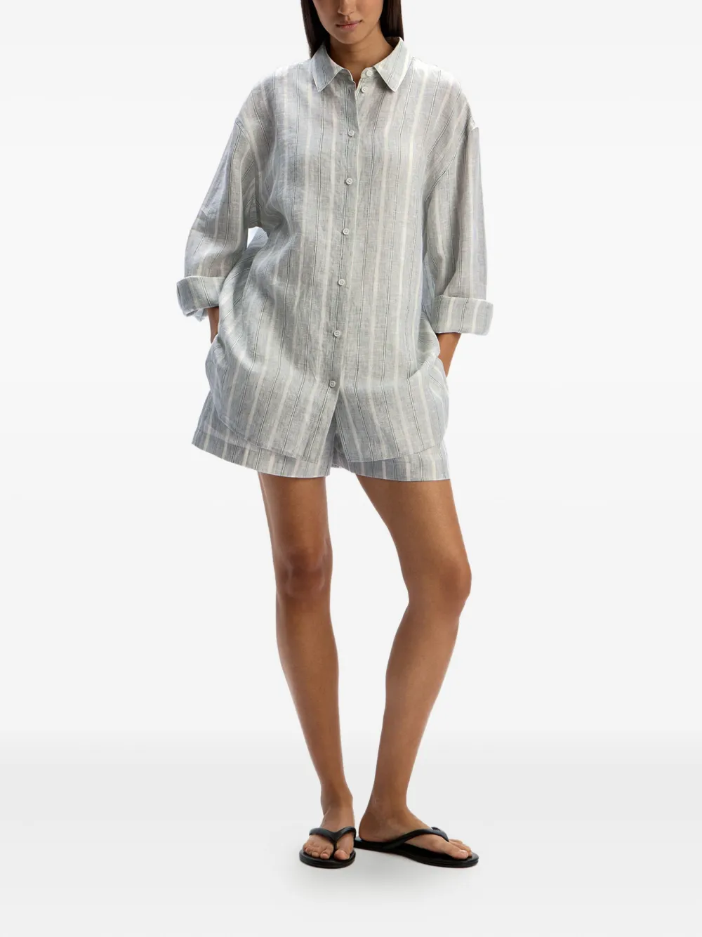12 Storeez Striped Linen Shorts In Gray