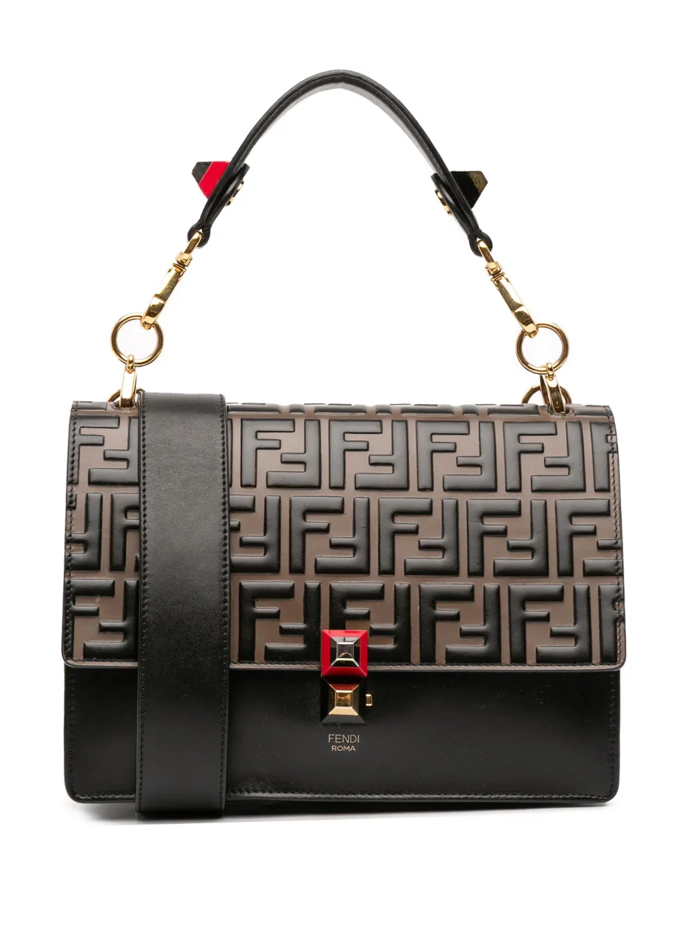 Pre-owned Fendi 2010-2025 Medium Ff 1974 Embossed Leather Kan I Satchel In Black