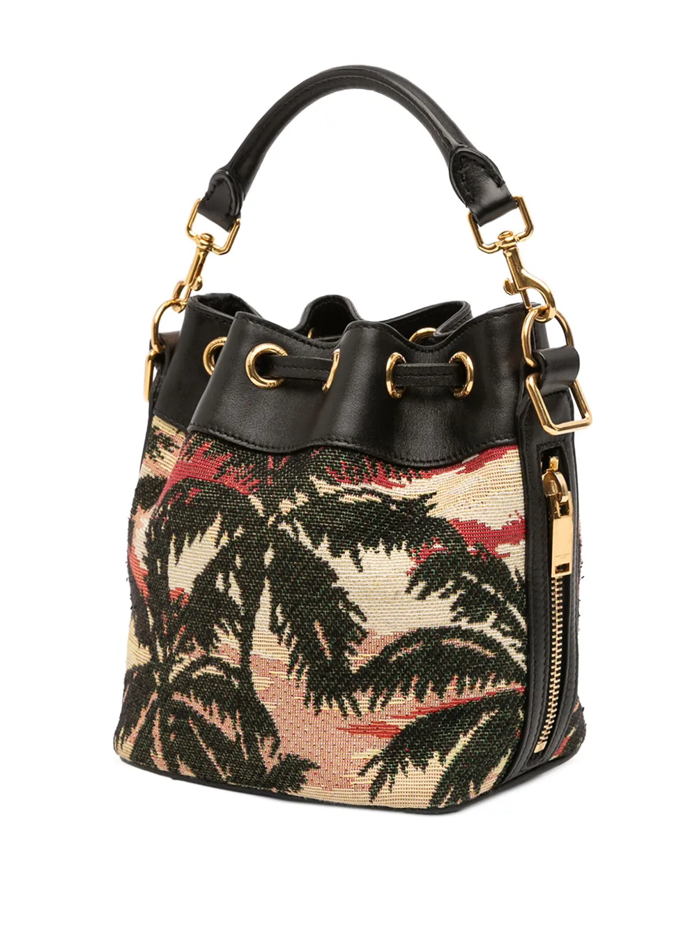 Pre-owned Saint Laurent 2015 Small Palm Tree Print Canvas Emmanuelle Bucket Bag In Black