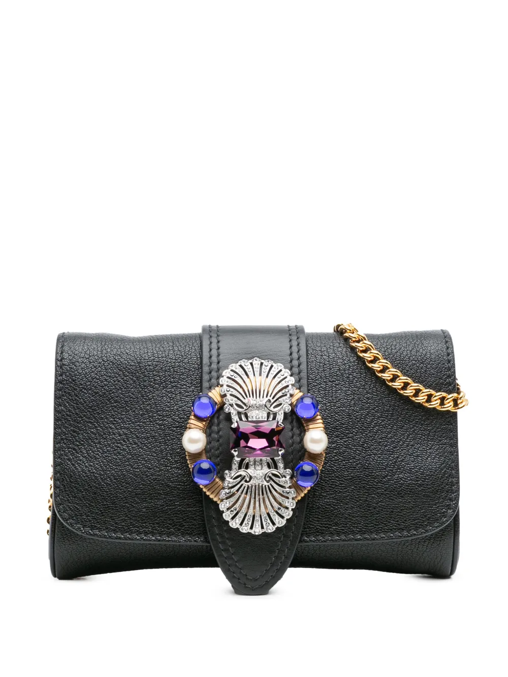 Pre-owned Miu Miu 2021-2025 Leather Crystal Embellished Crossbody Bag In Black