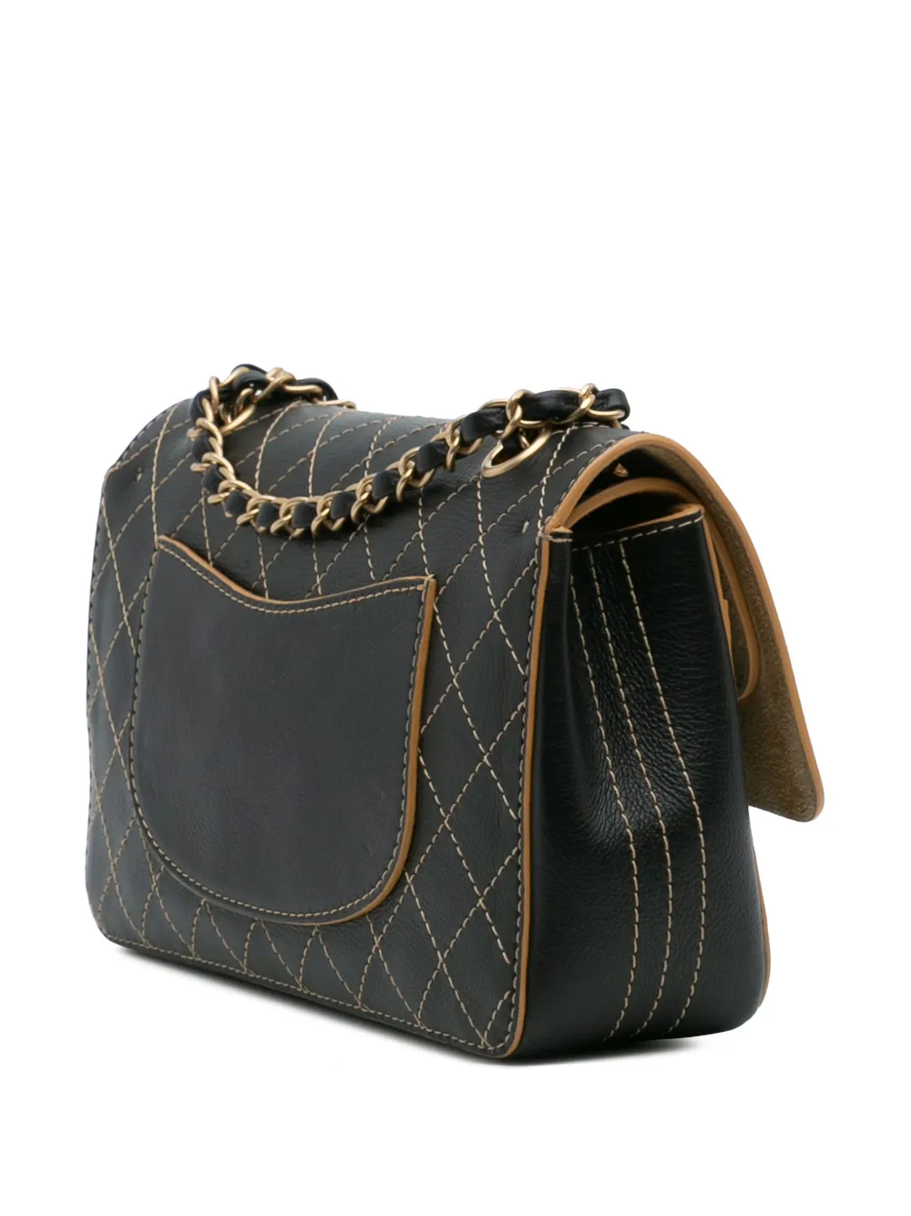 Pre-owned Chanel 2017-2018 Medium Classic Calfskin Wild Stitch Double Flap Shoulder Bag In Black