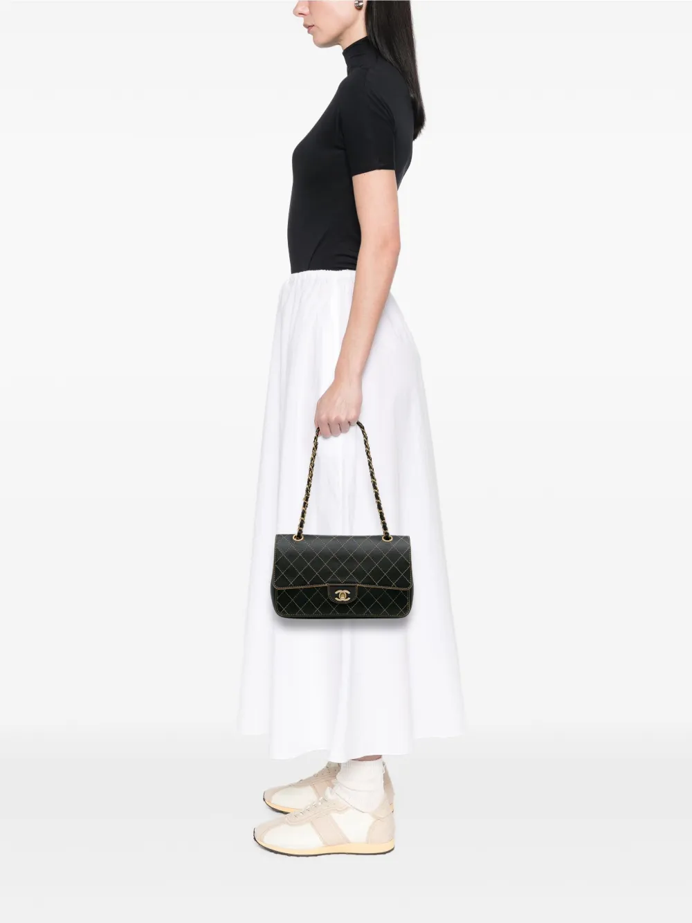 Pre-owned Chanel 2017-2018 Medium Classic Calfskin Wild Stitch Double Flap Shoulder Bag In Black