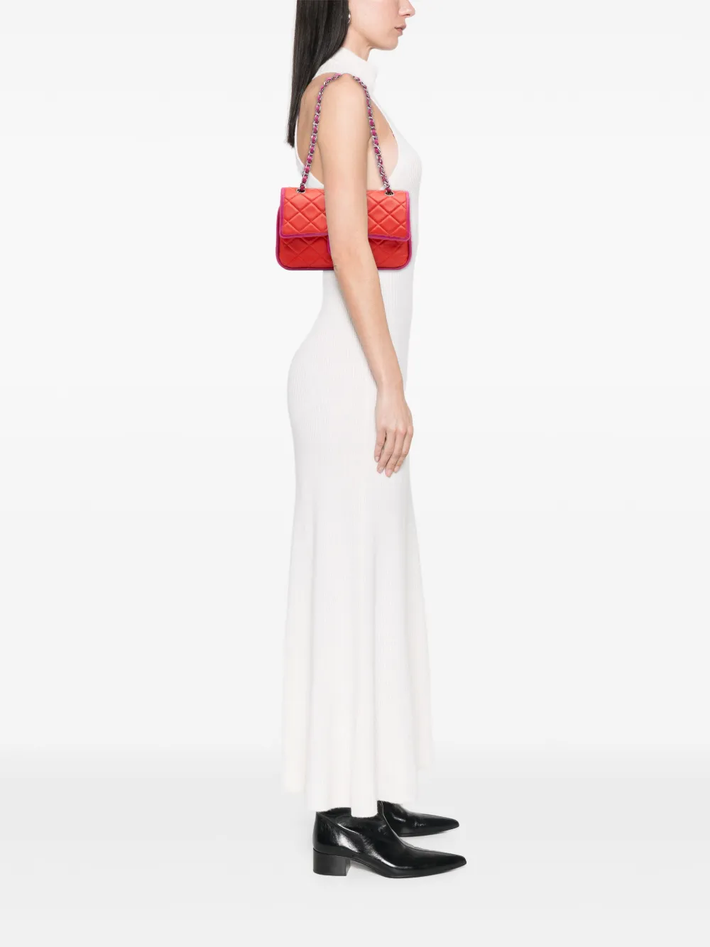 Pre-owned Chanel 2006-2008 Medium Classic Bicolor Lambskin Double Flap Shoulder Bag In Red