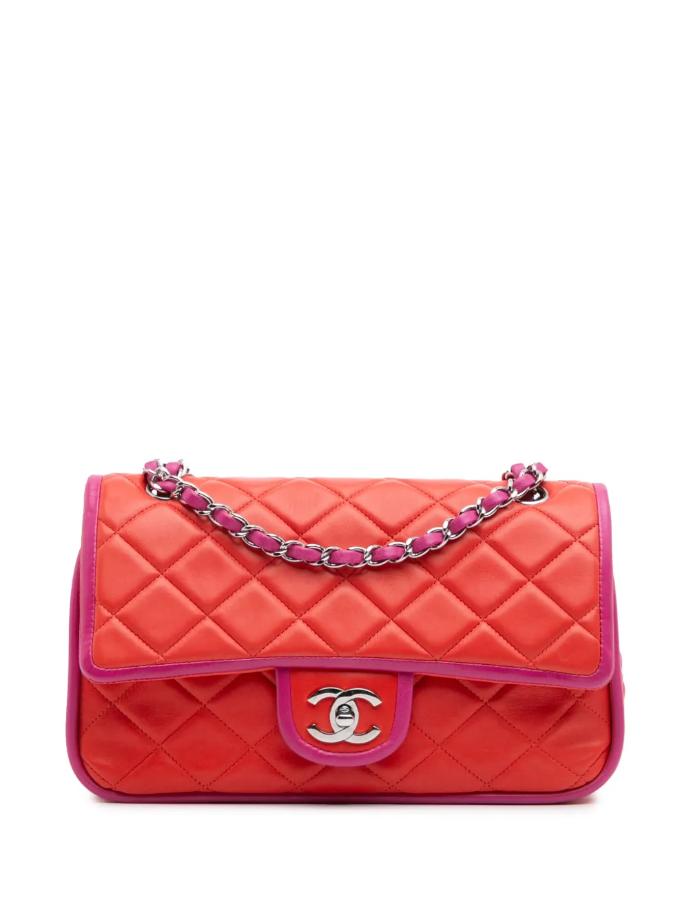 Pre-owned Chanel 2006-2008 Medium Classic Bicolor Lambskin Double Flap Shoulder Bag In Red