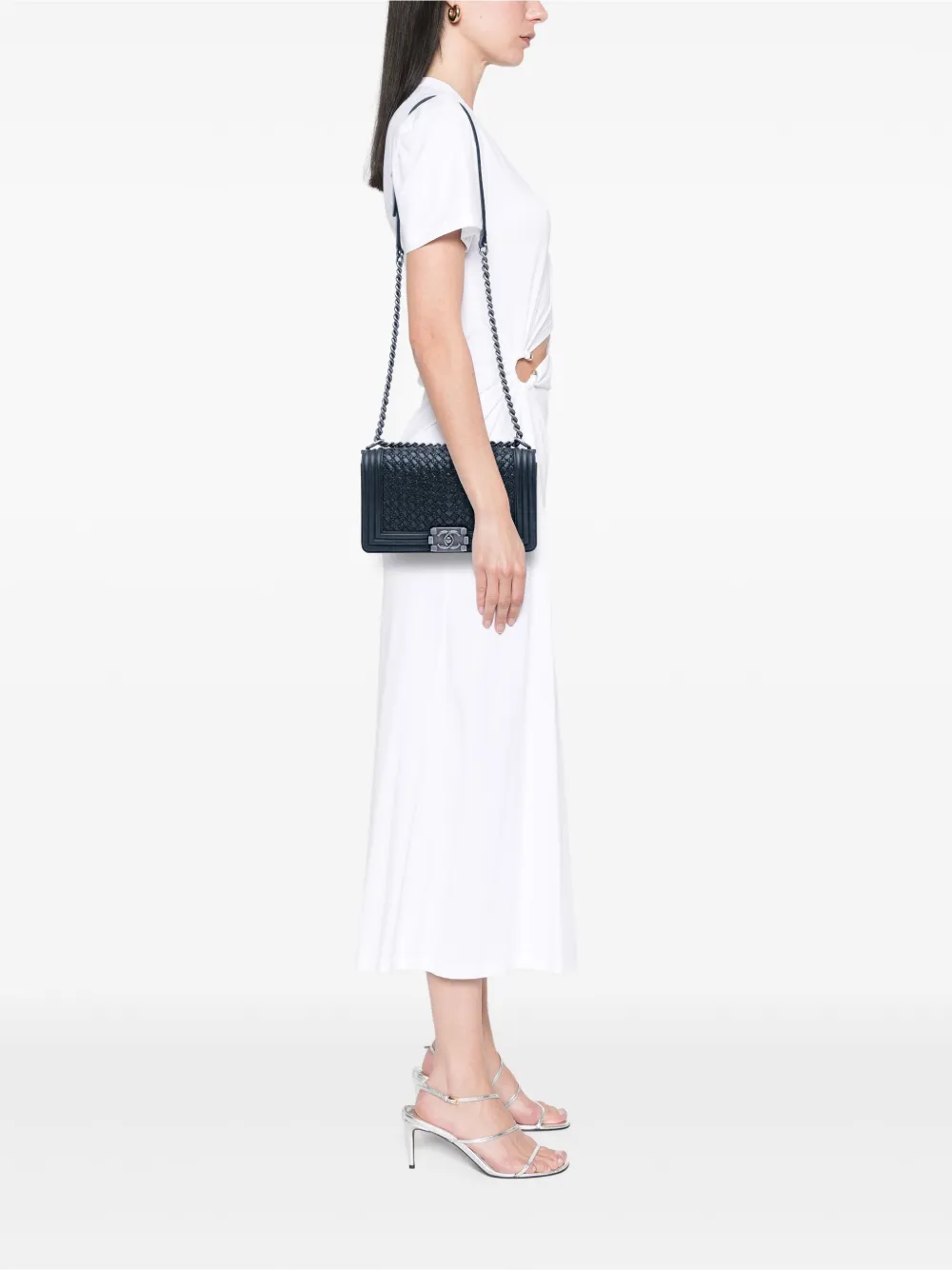 Pre-owned Chanel 2018-2019 Old Medium Braided Calfskin Boy Flap Crossbody Bag In Blue