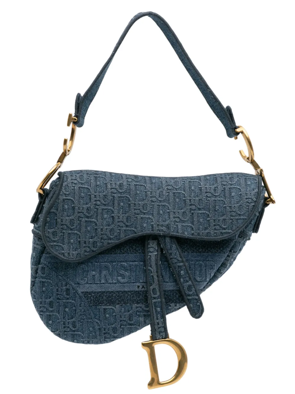 Pre-owned Dior 2019 Oblique Denim Embroidered Saddle Bag Shoulder Bag In Blue