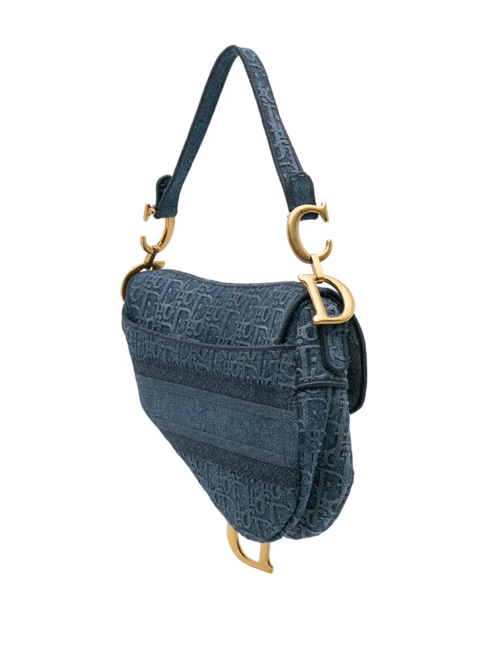 Pre-owned Dior 2019 Oblique Denim Embroidered Saddle Bag Shoulder Bag In Blue