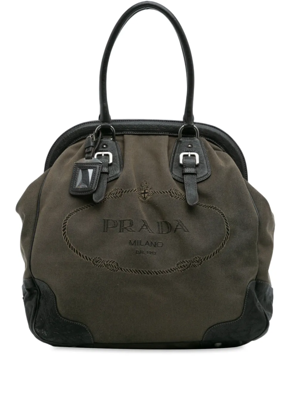 Pre-owned Prada 2013-2025 Leather Trimmed Canvas Canapa Logo Frame Tote Bag In Brown