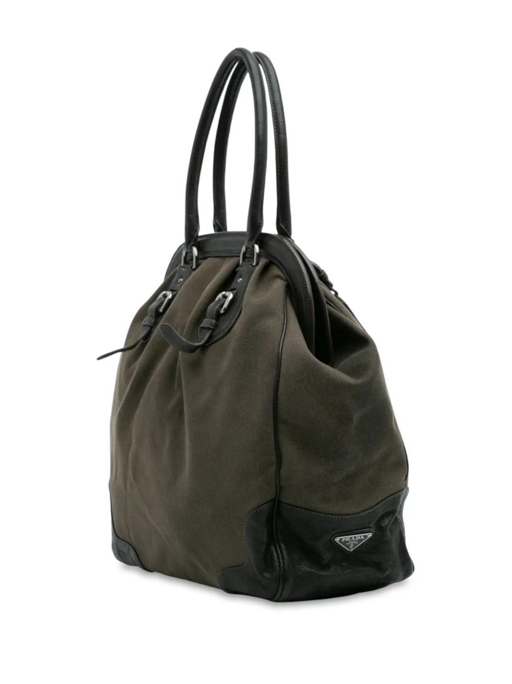 Pre-owned Prada 2013-2025 Leather Trimmed Canvas Canapa Logo Frame Tote Bag In Brown