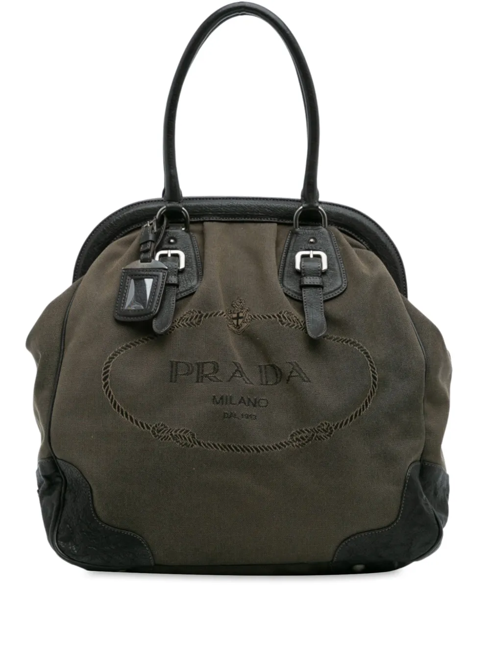 Prada Pre-Owned 2013-2025 レザートリム キャンバス カナパ ロゴ フレーム ハンドバッグ - ブラウン Prada Pre-Owned 2013-2025 レザートリム キャンバス カナパ ロゴ フレーム ハンドバッグ - ブラウン