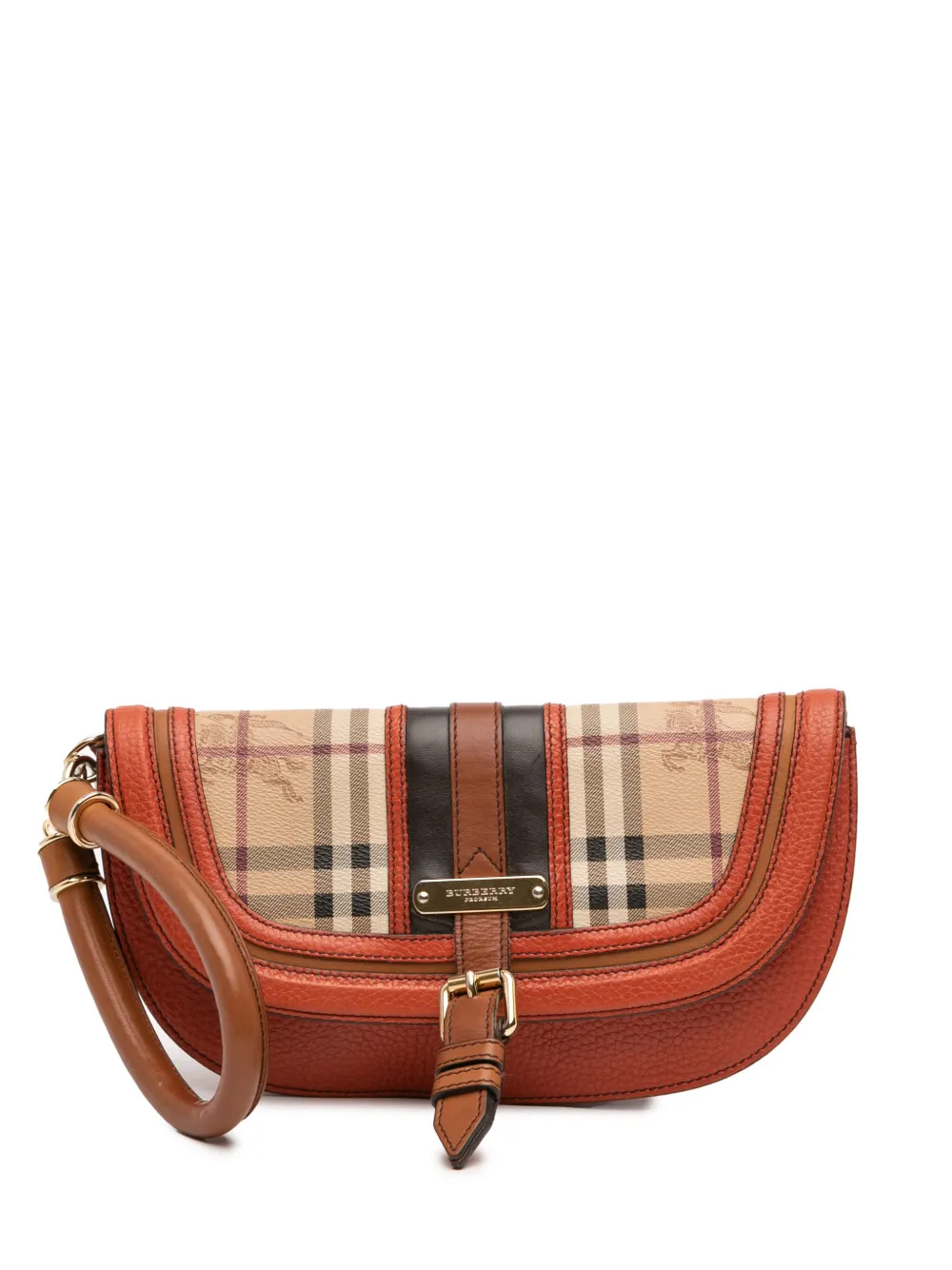 Pre-owned Burberry 2000-2017 Haymarket Check Coated Canvas And Grained Leather Clutch Bag In Brown