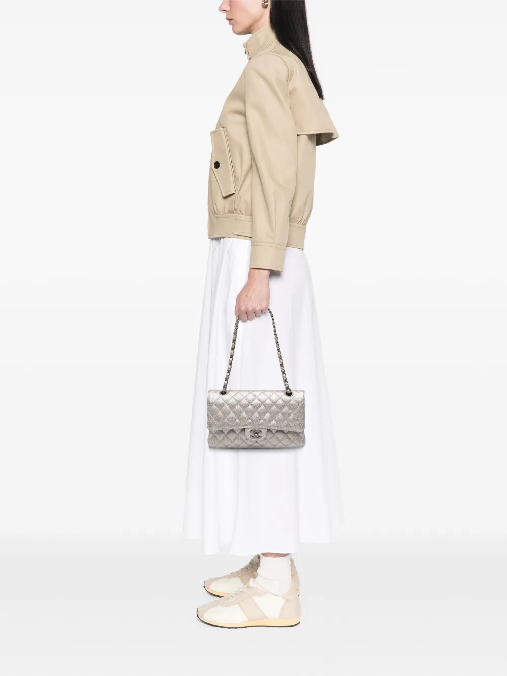 Pre-owned Chanel 2017-2018 Medium Classic Iridescent Caviar Double Flap Shoulder Bag In Silver