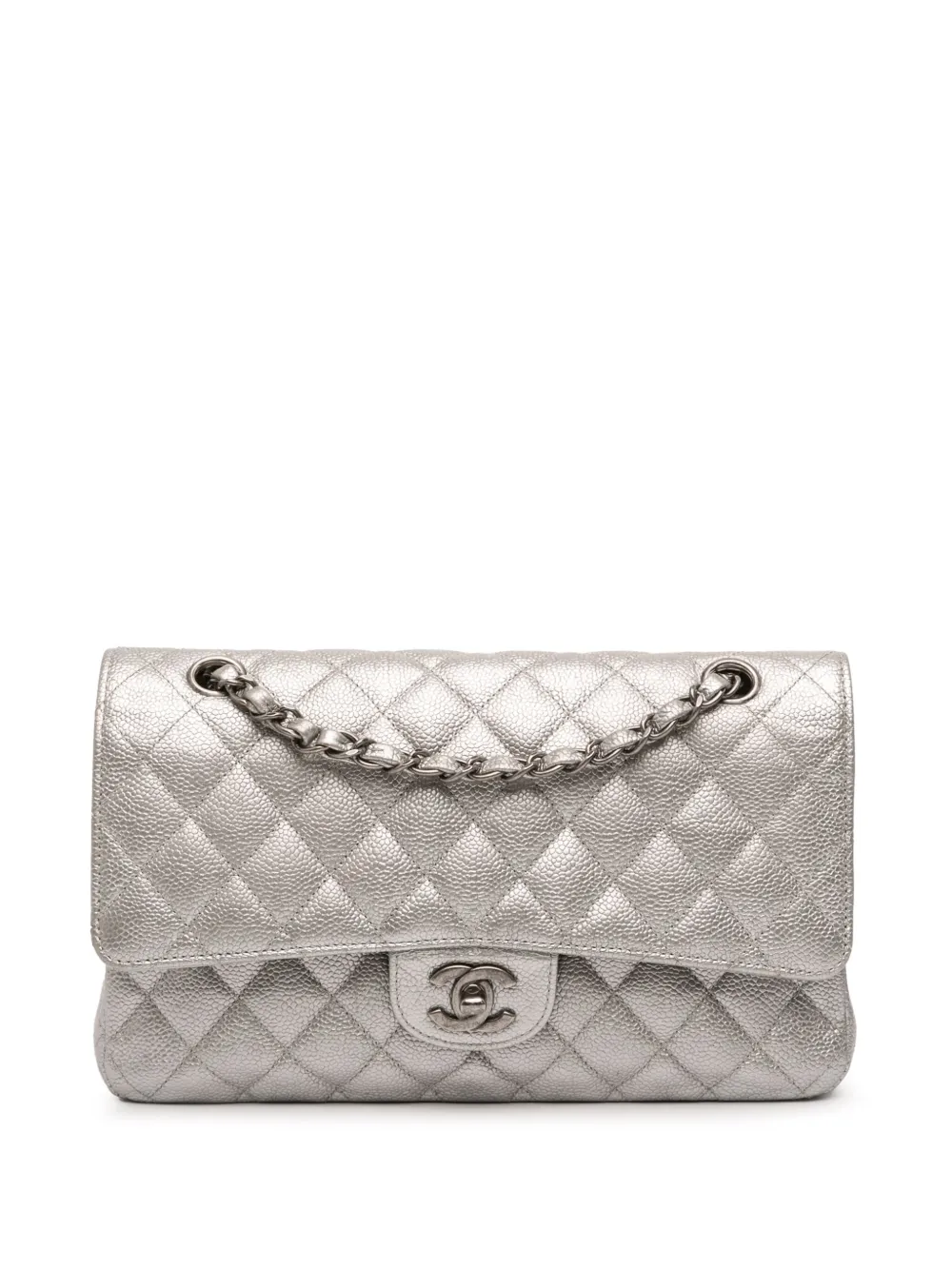 Pre-owned Chanel 2017-2018 Medium Classic Iridescent Caviar Double Flap Shoulder Bag In Silver