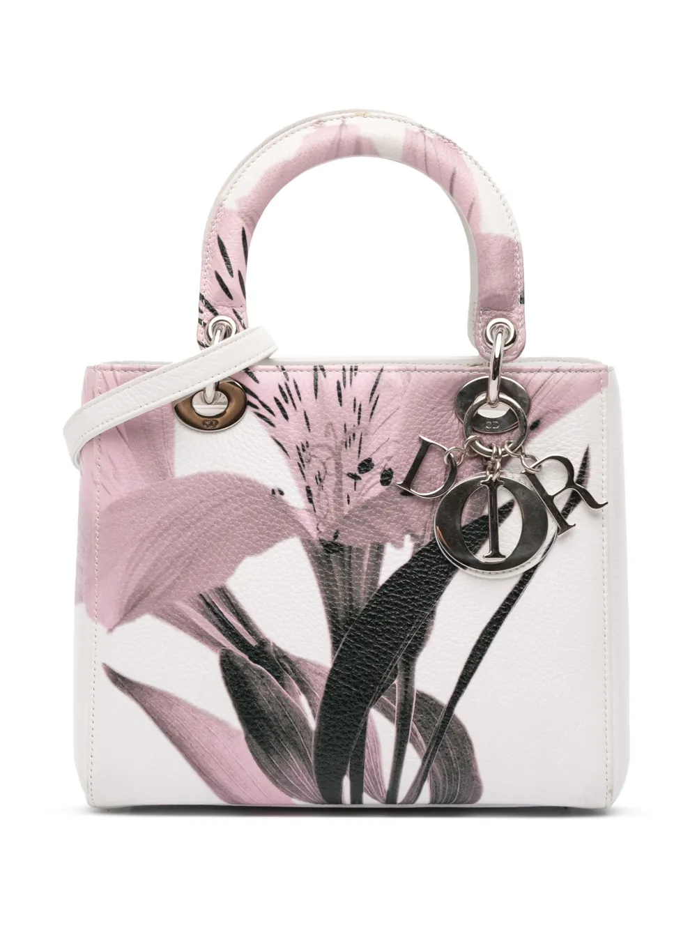 Christian Dior Pre-Owned 2014 mittelgroße Lady Dior Satchel-Tasche aus Hirschleder mit Blumen-Print - Weiß