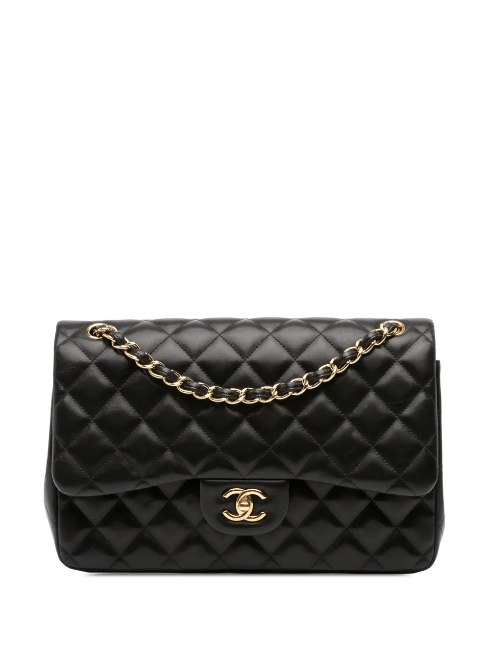 Pre-owned Chanel 2013-2014 Jumbo Classic Lambskin Double Flap Shoulder Bag In Black