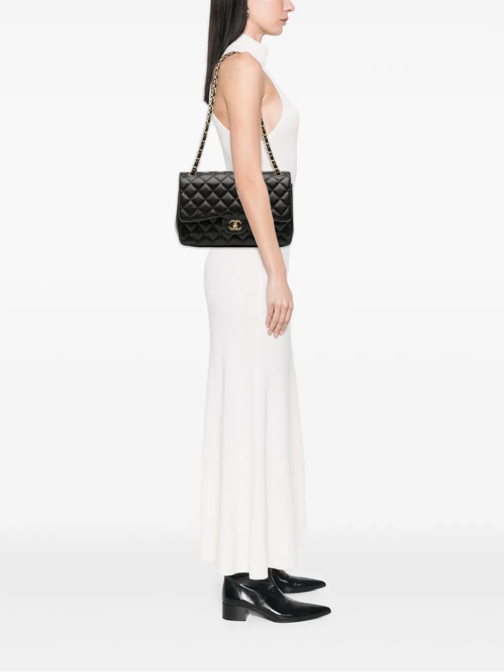 Pre-owned Chanel 2013-2014 Jumbo Classic Lambskin Double Flap Shoulder Bag In Black