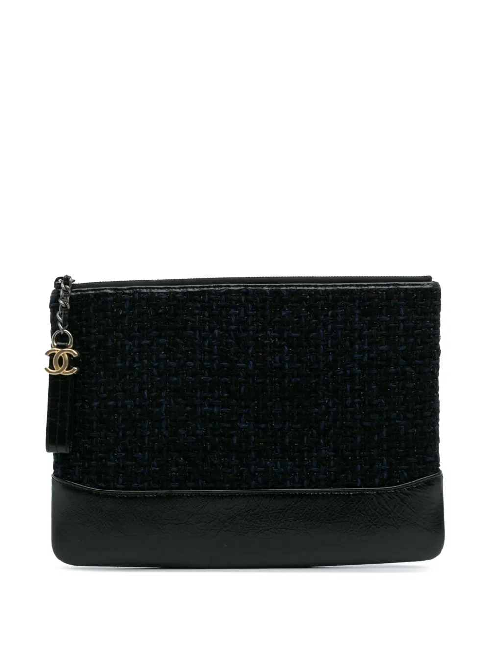 Pre-owned Chanel 2018 Medium Tweed And Calfskin Gabrielle O Case Clutch Bag In Blue