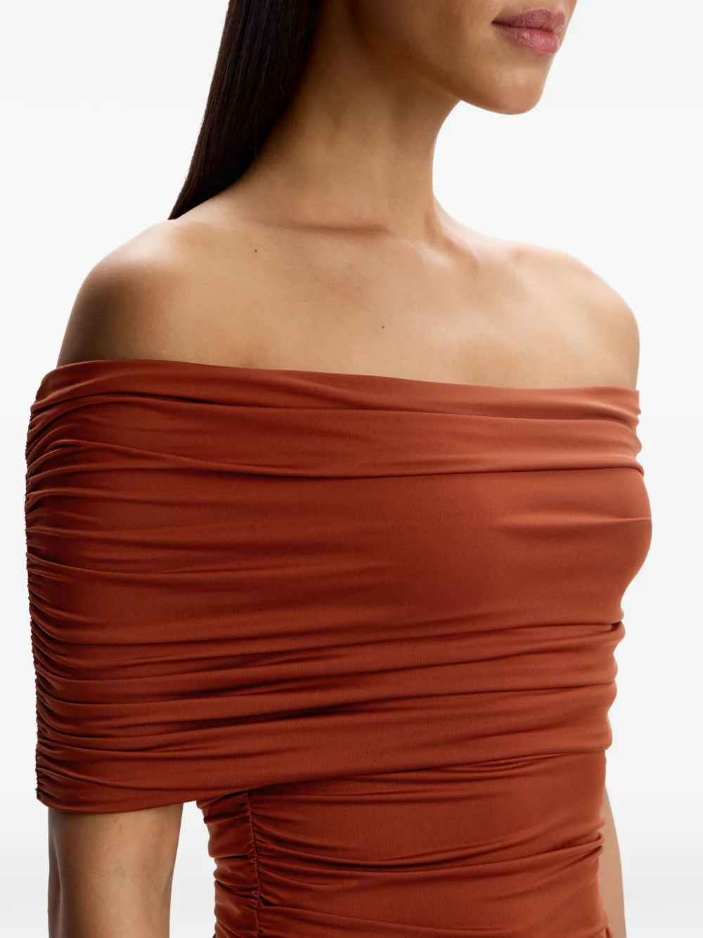 12 STOREEZ Off-shoulder mini-jurk met ruches Bruin