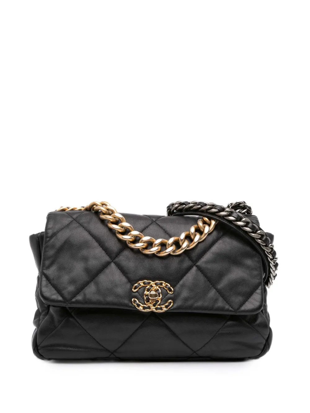 Pre-owned Chanel 2019 Large Lambskin 19 Flap Satchel In Black