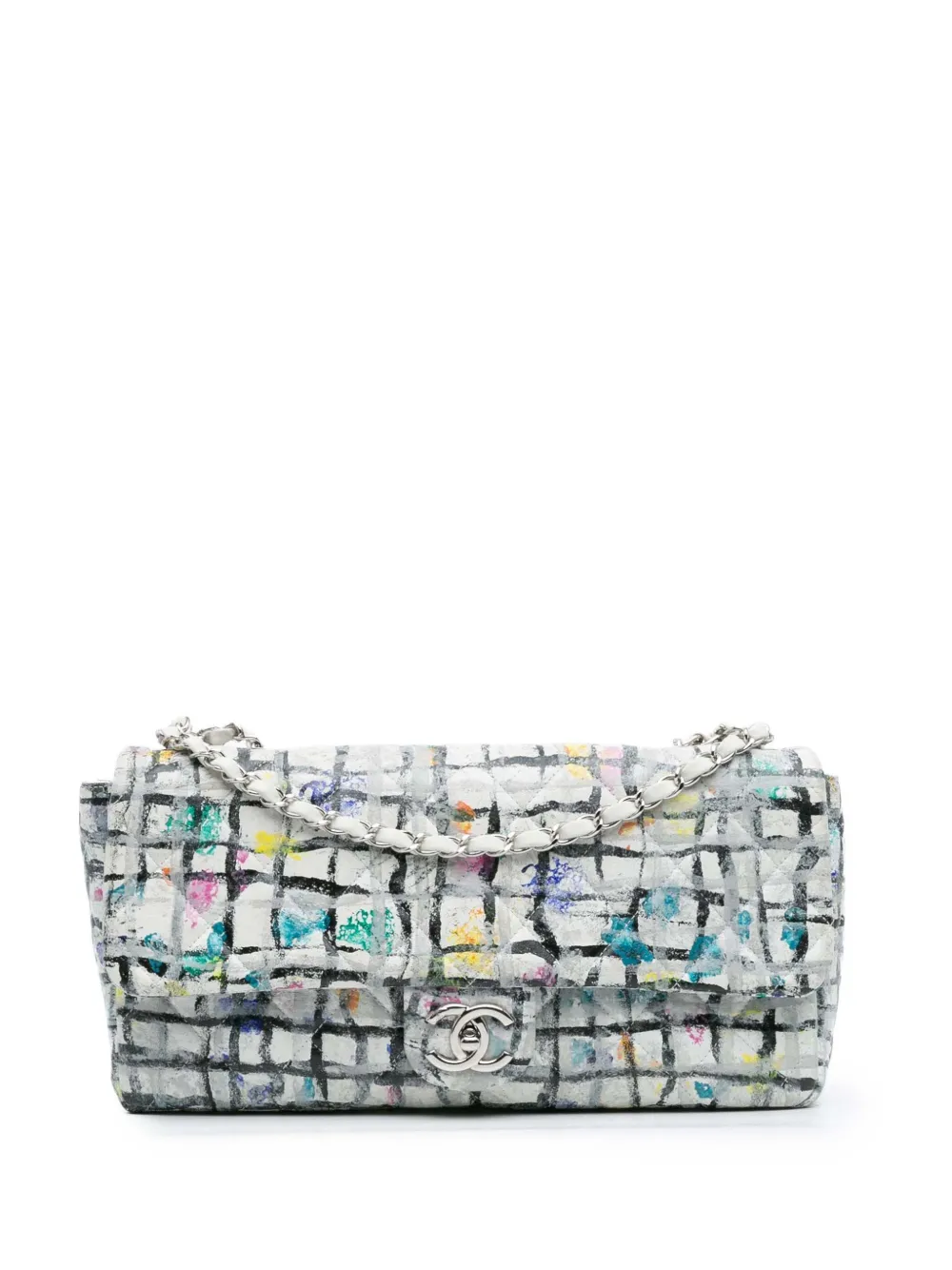 Pre-owned Chanel 2014 Medium Calfskin Hand Painted Graffiti Flap Shoulder Bag In White